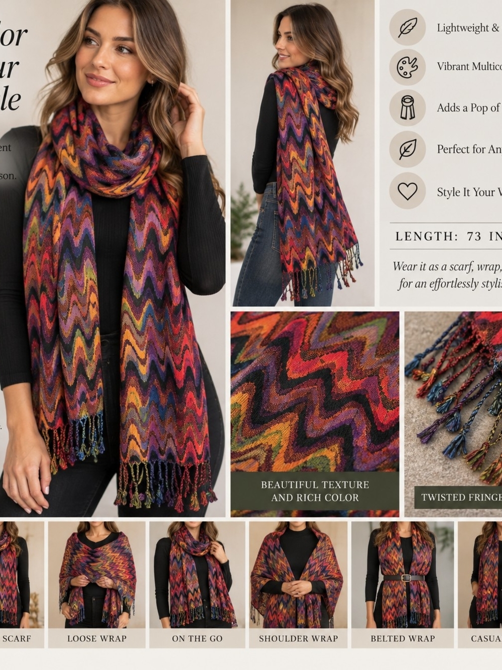Multicolor Zigzag Fringe Scarf Wrap - Vibrant Red, Orange, Purple Accent